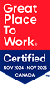Red and blue badge with white text reading "Great Place To Work Certified Nov 2024 - Nov 2025 Canada.